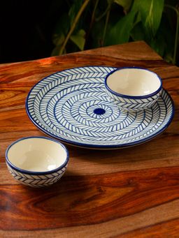 ExclusiveLane - Indigo Chevron' Dinner Plate With Katoris (3 Pieces, Serving for 1, Microwave Safe)
