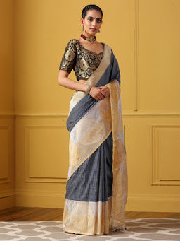 WeaverStory - Handloom Banarasi Linen Saree With Unstitched Blouse