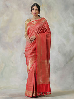 WeaverStory - Handloom Red Zari Tanchoi Katan Silk Banarasi Saree