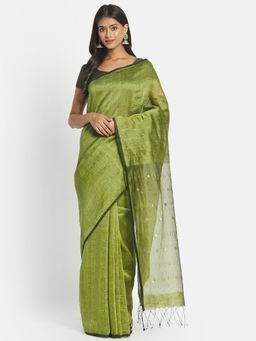 Fabindia - Green Linen Blend Jamdani Woven Saree without Blouse