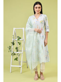 W - Mint Blue Floral Printed Kota Dupatta