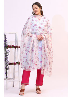 W - Floral White Printed Organza Dupatta