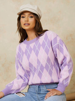 Styli - Women Lilac Argyle Pattern Regular Fit Sweater