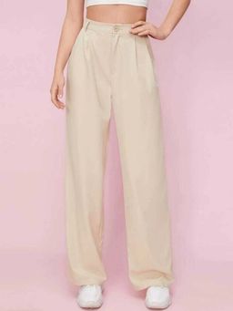 BROADSTAR - Women High Rise Stretchable Beige Baggy Fit Korean Trousers