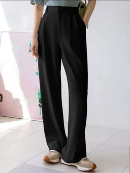 BROADSTAR - Women High Rise Stretchable Black Straight Fit Trousers