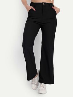 BROADSTAR - Women High Rise Stretchable Black Straight Fit Corduroy Trousers