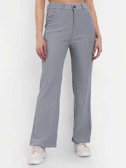 BROADSTAR - Women High Rise Stretchable Light Grey Straight Fit Corduroy Trousers
