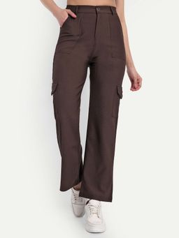 BROADSTAR - Women High Rise Stretchable Brown Straight Fit Trousers