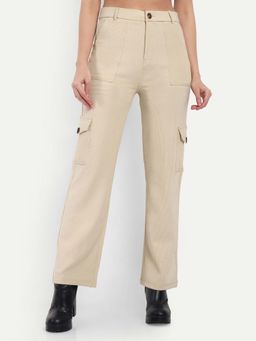 BROADSTAR - Women High Rise Stretchable Light Beige Color Straight Fit Corduroy Cargo
