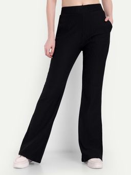 BROADSTAR - Women High Rise Stretchable Black Flared Corduroy Trousers