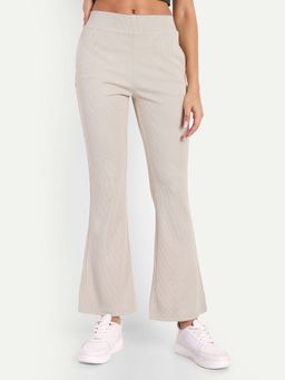 BROADSTAR - Women High Rise Stretchable Light Beige Flared Trousers