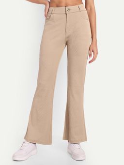 BROADSTAR - Women High Rise Stretchable Dark Beige Bootcut Trousers