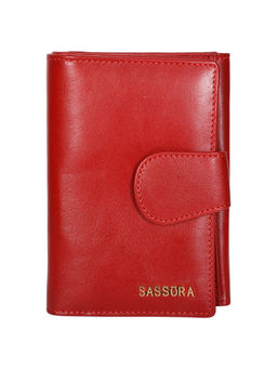Sassora - Genuine Leather Medium Size Red Rfid Protected Wallet - 13 Card Slots (M)
