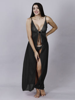 Herryqeal - Women Lingerie long Lace Babydoll Nightdress with Panty (Set of 2)