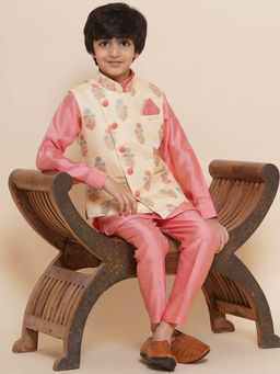 AJ Dezines - Kids Cotton Silk 3pc Kurta Pant Set For Boys - Peach (Set of 3)