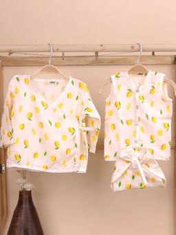 Moms Home - Organic Yellow Muslin Front Open Kimono with Jhabla and Nappy (Set of 3)