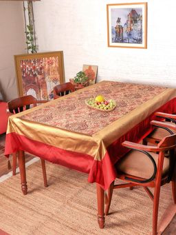 Zeba World - Brocade Table Cover with Self Pattern with Golden/Red Border with Golden Tassels