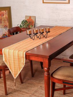 Zeba World - Brocade Table Runner with Checkered Pattern with Tassels Orange