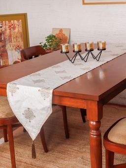 Zeba World - Brocade Silk Table Runner with Golden Block Print and Golden Tassles Off White