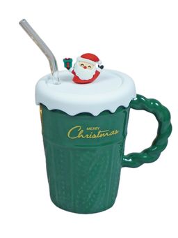 Little Surprise Box - Green Self Knit Christmas Coffee Mug with 3D Christmas Tree Lid and Straw
