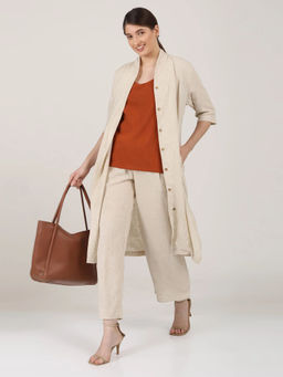 Saltpetre - Women Solid Beige Linen High Neck Collar Overlay