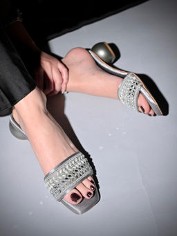 ELVIRAA - Pearl and Mirror Embroidered Grey Sandal Heels