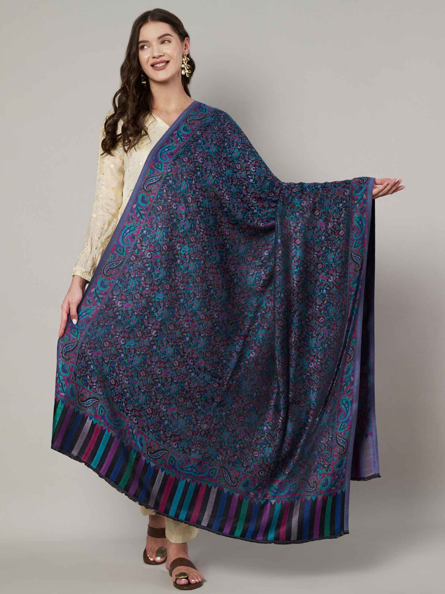 muffly Women Purple Fine Soft Ethnic Bamboo Silk Authentic Kashmiri Jamawar design Shawl-picture-31
