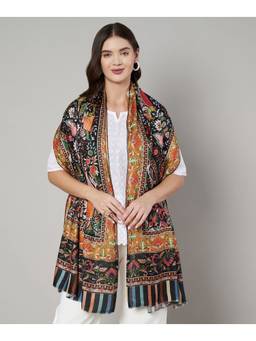 MUFFLY - Women Black Fine Soft Bamboo Embroidery Print Design Stole