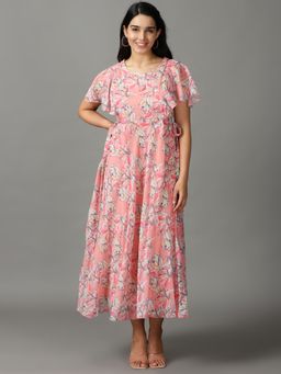 SHOWOFF - Womens Printed Round Neck Peach Maxi Dress