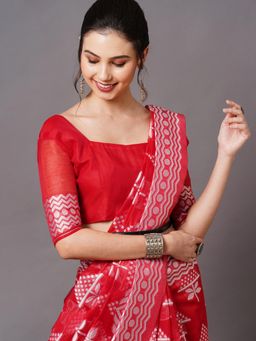 Akhilam - Red Festive Cotton Silk Woven Design Saree with Unstitched