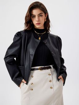 Cider - Solid Faux Fur Round Neckline Button Jacket