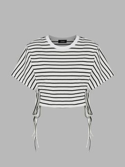 Cider - Round Neck Stripe Drawstring Short Sleeve Crop Tee