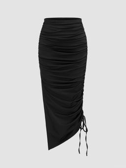 Cider - Mid Rise Solid Drawstring Split Maxi Skirt