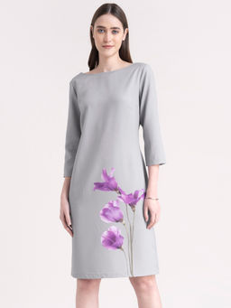 FableStreet - Placement Print Shift Dress Grey