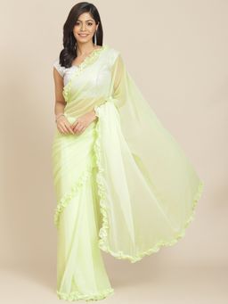 Tikhi Imli - Green Solid Georgette Ruffle Saree with Unstitched Blouse