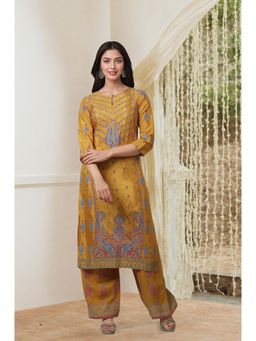 WISHFUL by W - Women Yellow Festive Viscose Straight Kurta with Parallel Pant (Set of 2)