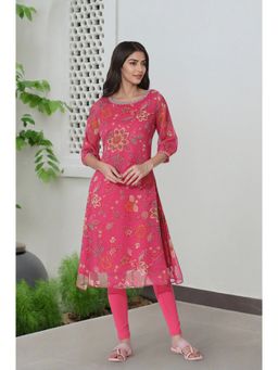 W - Pink Floral Printed Chiffon A-Line Kurta & Tights (Set of 2)