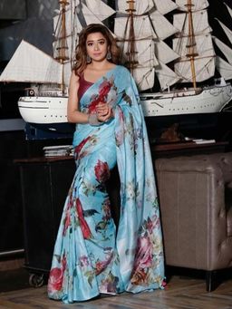 Beatitude - Light Blue Handwoven Digital Print Linen Saree with Unstitched Blouse