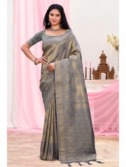 Sangam Prints - Grey Silk Woven Zari Work Traditional Tassel Saree with Unstitched Blouse