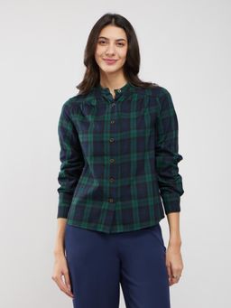 FableStreet - Green Cotton Checkered Gathered Yoke Shirt