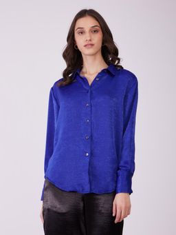 FableStreet - Blue Satin Collared Neck Shirt