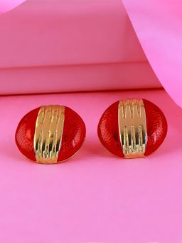 Estele - Gold Plated Round Stud Earring with Red Enamel for Women
