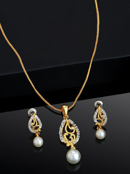 Estele - Gold Plated CZ Leaf Designer Pendant Necklace with Pearl for Women (Set of 2)