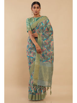 Soch - Green Chanderi Printed Saree with Unstitched
