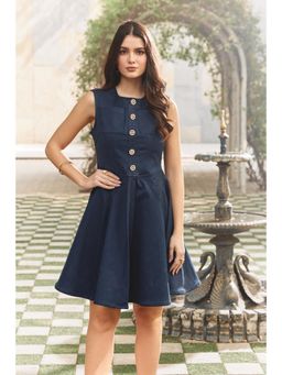 Bofreesia - Women Navy Blue Sleeveless Denim Flared Dress
