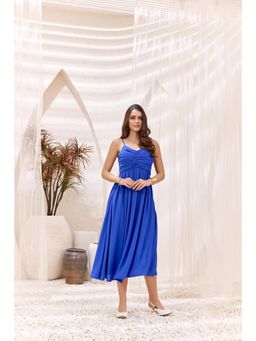 Bofreesia - Women Blue Spaghetti Straps Sleeveless Midi Empire Dress