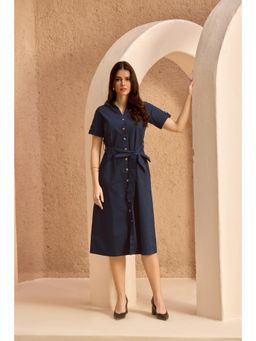 Bofreesia - Women Navy Blue Collar-Neck Shirt Dress with Belt
