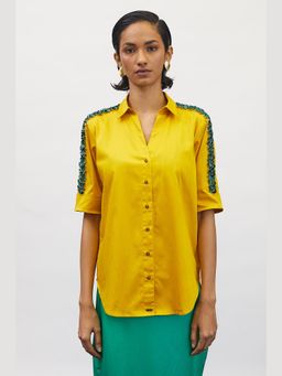 Pallavi Swadi - Canary Yellow Emerald Swarovski Ribbon Shirt