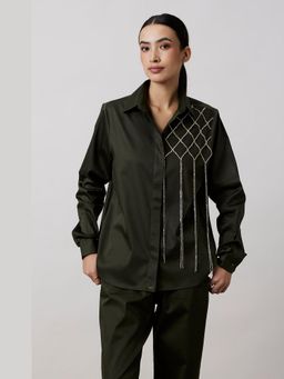Pallavi Swadi - Olive Fringe Swarovski Shirt