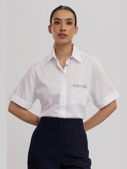 Pallavi Swadi - White Swarovski Flower Strip Shirt